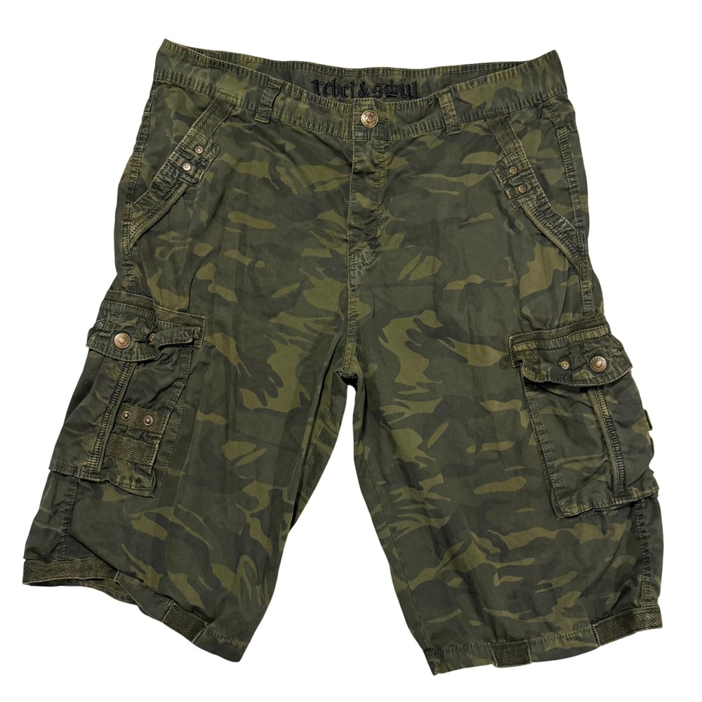 Rebel & Soul Cargo Short Men 38 Green Camo Tactical Utility Bermuda Long 14" Y2K